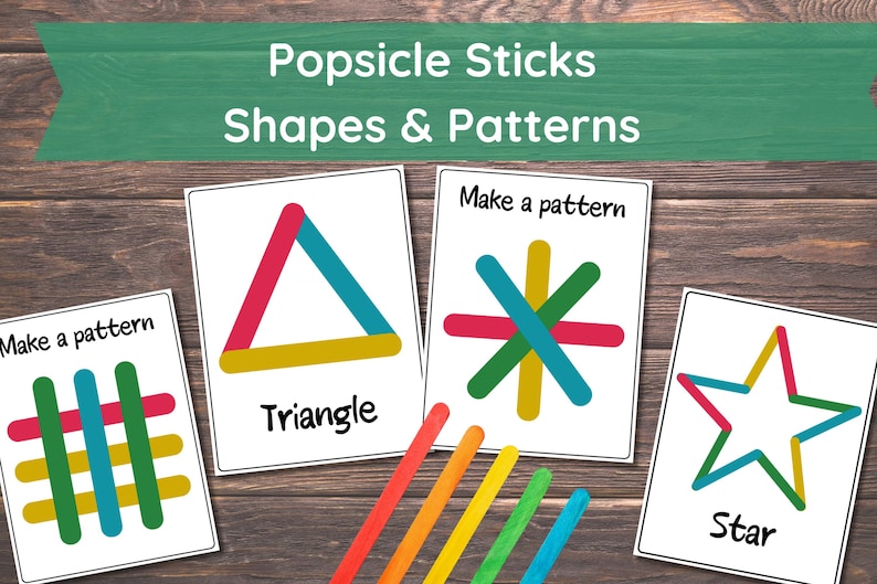May include: Educational cards with popsicle sticks arranged in shapes and patterns. The cards display a triangle, star, and other patterns. The text "Popsicle Sticks Shapes & Patterns" is at the top.