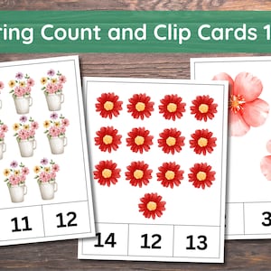 Comptage de printemps et cartes à clip, préscolaire imprimable, mathématiques préscolaires, maternelle, école à domicile, Montessori, imprimable, activité à imprimer