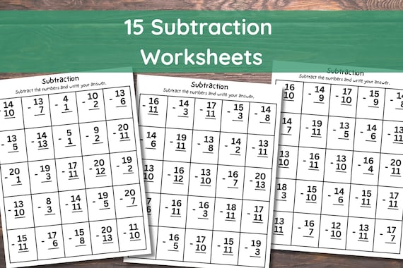 15 Printable Subtraction Fill in the Blanks Worksheets (Numbers 1-20) for Kindergarten-1st Grade-2nd Grade Math. Subtraction Worksheets
