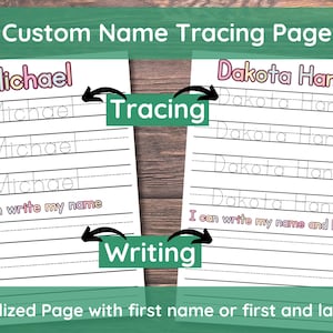 Puede incluir: Hoja de trabajo de trazado imprimible con el nombre "Michael" y "Dakota Hansen" escrito en letras rosa y azul. La hoja de trabajo tiene líneas para trazar el nombre varias veces. El texto "Tracing" y "Writing" está escrito en verde.
