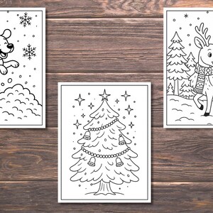 May include: Three black and white Christmas-themed coloring pages. One features a dog jumping in snow, another a decorated Christmas tree, and the last a reindeer in a winter scene. All are outlined with black lines.