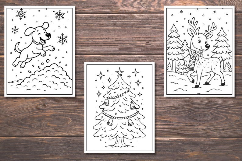 May include: Three black and white Christmas-themed coloring pages. One features a dog jumping in snow, another a decorated Christmas tree, and the last a reindeer in a winter scene. All are outlined with black lines.