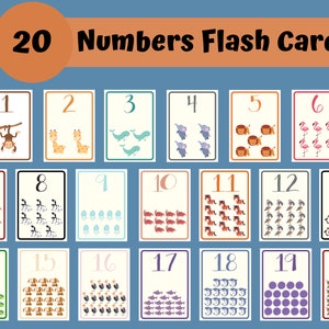 Cartes flash de nombres, cartes flash de comptage préscolaire, comptage et clip, cartes numériques 1-20, cartes flash Montessori, téléchargement instantané