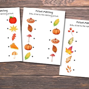 May include: Three educational worksheets titled Picture Matching with the instruction Draw a line to the matching picture. Each page features colorful autumn-themed illustrations including pumpkins, leaves, apples, pies, corn, and mushrooms for matching.