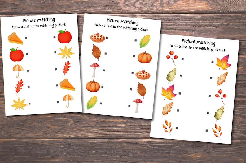 May include: Three educational worksheets titled Picture Matching with the instruction Draw a line to the matching picture. Each page features colorful autumn-themed illustrations including pumpkins, leaves, apples, pies, corn, and mushrooms for matching.