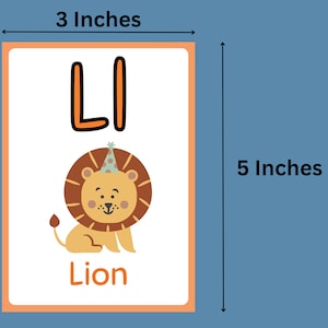 May include: A white card with an orange border, featuring the letter "L" in orange and a cartoon lion wearing a party hat. The card also includes the word "Lion" in orange text. The card measures 7.6 cm wide by 12.7 cm tall.