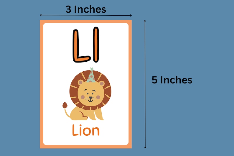 May include: A white card with an orange border, featuring the letter "L" in orange and a cartoon lion wearing a party hat. The card also includes the word "Lion" in orange text. The card measures 7.6 cm wide by 12.7 cm tall.