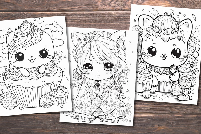 May include: Three black and white coloring pages featuring cute cartoon cats dressed as cupcakes. Each cat is holding a cupcake and surrounded by other cupcakes and sweets.