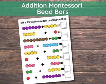 Folhas de Atividades Montessori com Contas para Adição até 10, Matemática Montessori Imprimível, Matemática com Contas para Educação Infantil, Atividade Matemática