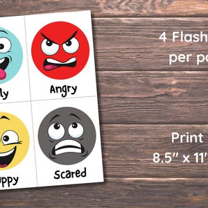 May include: Four emotion flashcards per page, featuring cartoon faces expressing different feelings: silly, angry, happy, and scared. The text "4 Flashcards per page" and "Print on 8.5" x 11" & A4" are also visible.