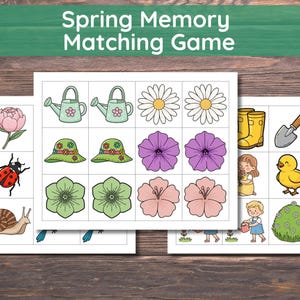 May include: A colorful Spring Memory Matching Game with illustrations of flowers, insects, gardening tools, and children. The game includes images of peonies, ladybugs, watering cans, daisies, and more. The title "Spring Memory Matching Game" is at the top.