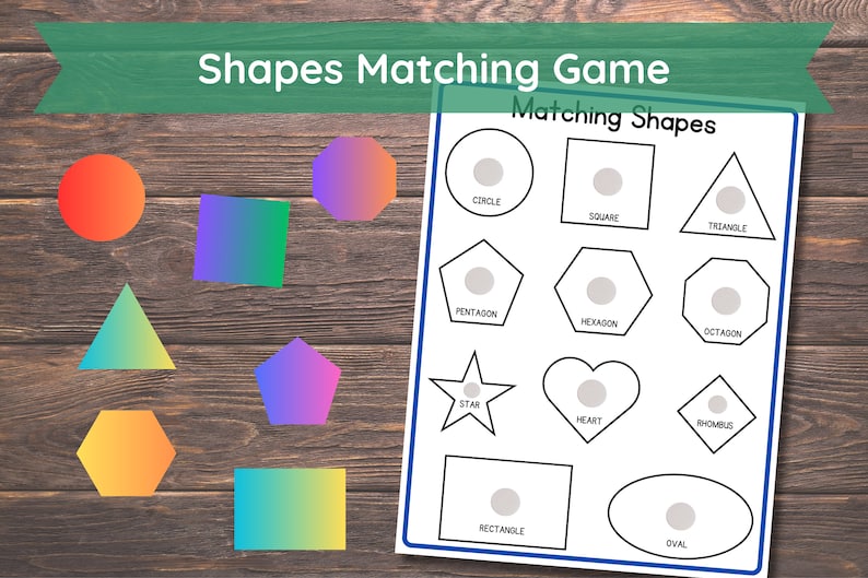 May include: A printable shapes matching game for kids. The game features 12 different shapes, including a circle, square, triangle, pentagon, hexagon, octagon, star, heart, rhombus, rectangle, and oval. Each shape is outlined in black and has a white circle in the center.