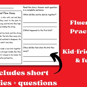 May include: A white worksheet with a story about a kite and questions, on a red background. Text includes "Fluency Practice" and "Kid-friendly & fun". The text "Includes short stories + questions" is also visible.