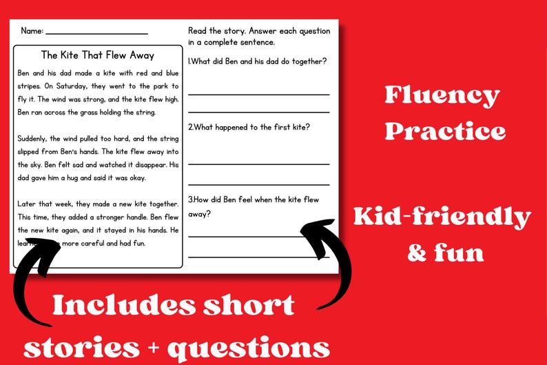 May include: A white worksheet with a story about a kite and questions, on a red background. Text includes "Fluency Practice" and "Kid-friendly & fun". The text "Includes short stories + questions" is also visible.