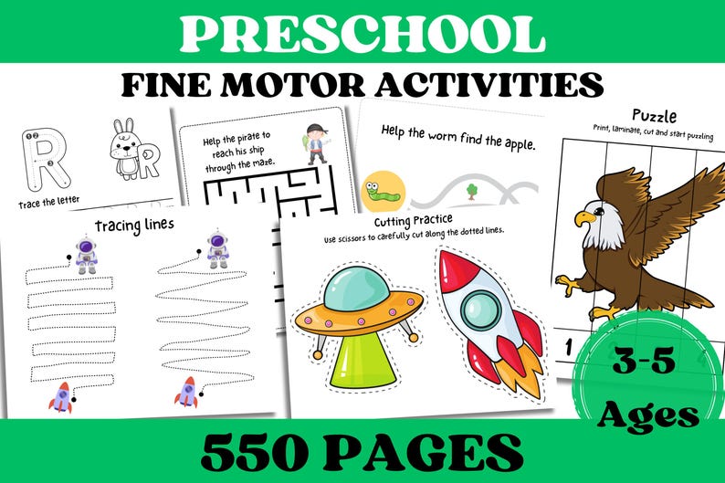 May include: A set of 550 printable preschool fine motor activity worksheets for ages 3-5. The worksheets feature a variety of activities, including tracing lines, mazes, cutting practice, and puzzles. The worksheets are illustrated with colourful characters and objects.