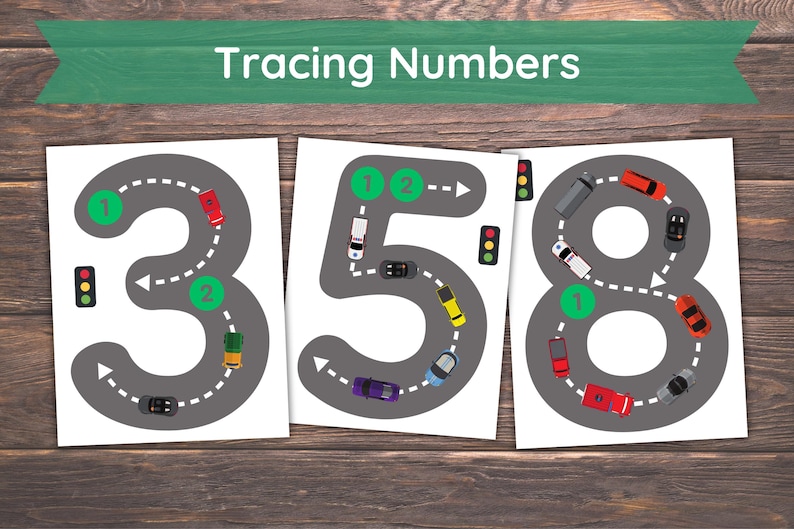 May include: Three educational worksheets featuring the numbers 3, 5, and 8 designed as gray roads with white dashed lines. Each number includes small colorful cars, green circular start points, and traffic light icons. The text Tracing Numbers is at the top.