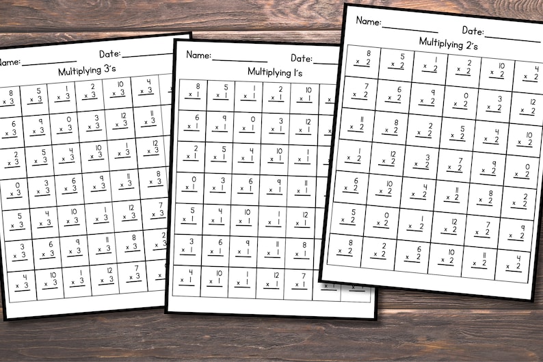 May include: Three black and white worksheets for practicing multiplication. The first worksheet is titled "Multiplying 3's", the second is titled "Multiplying 1's", and the third is titled "Multiplying 2's". Each worksheet has a grid of multiplication problems.