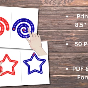Pode incluir: Papel branco com espirais e estrelas vermelhas e azuis, com linhas tracejadas para tra&ccedil;ar. O texto diz "Print on 8.5" x 11", "50 Pages", e "PDF & PNG Format".