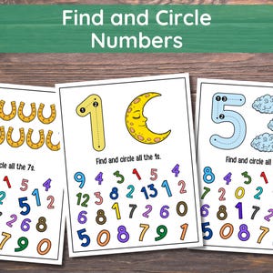 May include: Three educational worksheets with the text "Find and Circle Numbers". Each worksheet features a different number: 7, 1, and 5, with corresponding images and a grid of numbers to circle. The worksheets are designed for educational purposes.