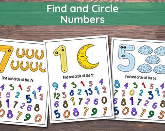 Folha de exercícios de matemática para pré-escola e jardim de infância com números, atividade de busca e reconhecimento de números, encontre e circule números, aprendendo números, traçando números.