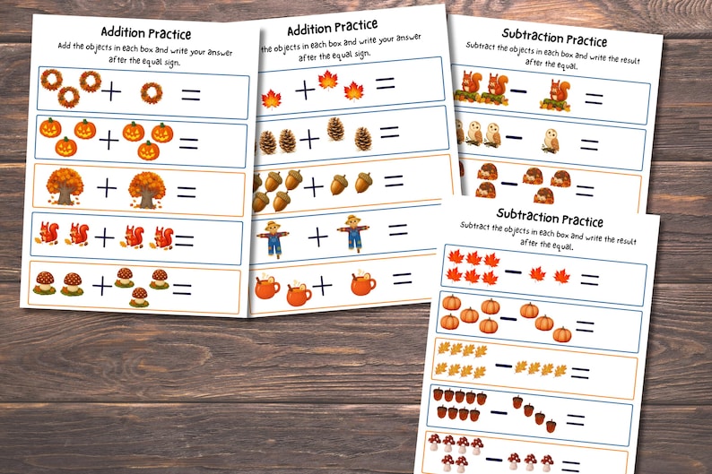 May include: Three educational worksheets featuring autumn-themed math problems. Two sheets are titled Addition Practice with illustrations of wreaths, pumpkins, trees, squirrels, mushrooms, leaves, pinecones, acorns, scarecrows, and mugs. One sheet is Subtraction Practice.