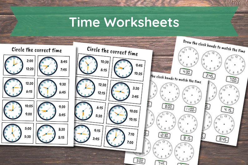 Pode incluir: Folhas de trabalho educativas sobre o tempo com mostradores de rel&oacute;gio. As folhas de trabalho apresentam o texto "Time Worksheets" e incluem exerc&iacute;cios como "Circule a hora correta" e "Desenhe os ponteiros do rel&oacute;gio para combinar a hora."