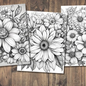 Puede incluir: Tres dibujos a l&aacute;piz en blanco y negro de ramos de flores. Cada dibujo presenta una variedad de flores, incluyendo margaritas, rosas y lirios.