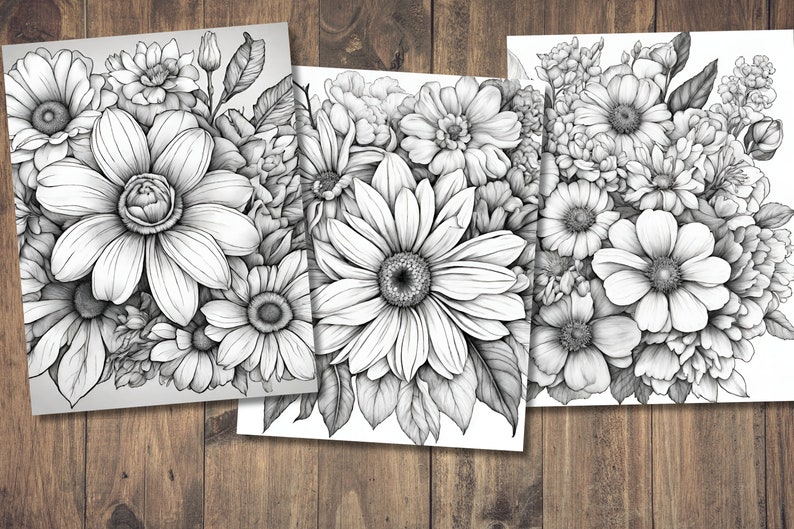 Puede incluir: Tres dibujos a l&aacute;piz en blanco y negro de ramos de flores. Cada dibujo presenta una variedad de flores, incluyendo margaritas, rosas y lirios.