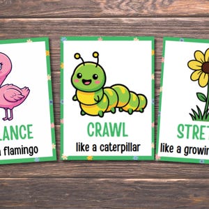 Pode incluir: Tr&ecirc;s cart&otilde;es ilustrados com bordas verdes e detalhes florais. Apresentam um flamingo rosa com "BALANCE", uma lagarta verde com "CRAWL" e uma flor amarela com "STRETCH". Cada cart&atilde;o tem uma frase descritiva abaixo.