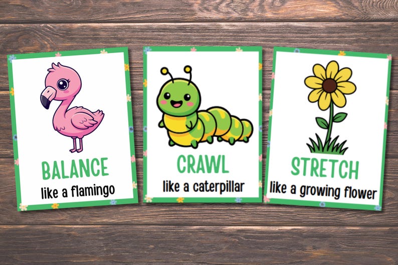 Pode incluir: Tr&ecirc;s cart&otilde;es ilustrados com bordas verdes e detalhes florais. Apresentam um flamingo rosa com "BALANCE", uma lagarta verde com "CRAWL" e uma flor amarela com "STRETCH". Cada cart&atilde;o tem uma frase descritiva abaixo.