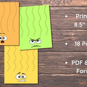 May include: Three colorful, rectangular sheets of paper with cartoon faces and dotted lines for tracing. The sheets are orange, green, and yellow. Text on the right says "Print on 8.5" x 11", 18 Pages, PDF & PNG Format."