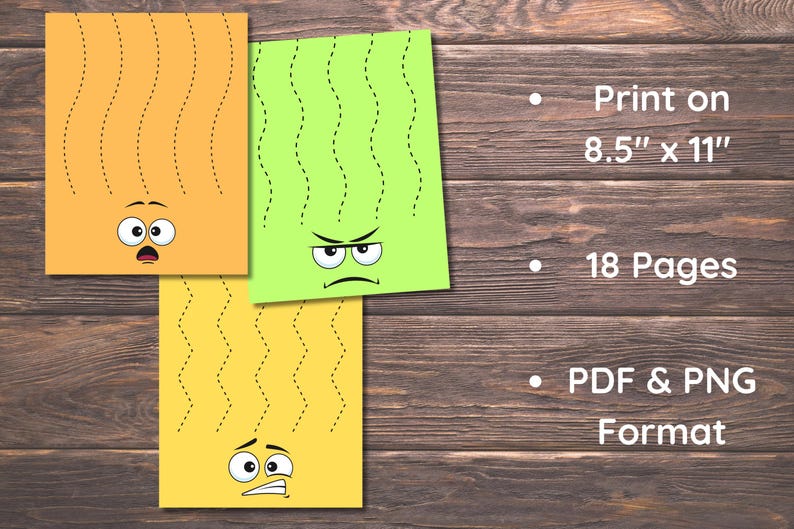 May include: Three colorful, rectangular sheets of paper with cartoon faces and dotted lines for tracing. The sheets are orange, green, and yellow. Text on the right says "Print on 8.5" x 11", 18 Pages, PDF & PNG Format."
