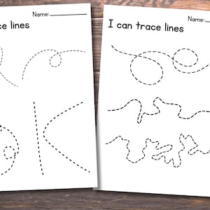 Może przedstawiać: Dwa czarno-białe arkusze do druku z tekstem "I can trace lines" u g&oacute;ry. Każdy arkusz zawiera r&oacute;żne linie przerywane do śledzenia.