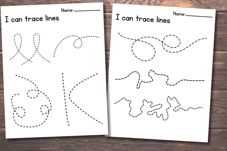 Może przedstawiać: Dwa czarno-białe arkusze do druku z tekstem "I can trace lines" u g&oacute;ry. Każdy arkusz zawiera r&oacute;żne linie przerywane do śledzenia.