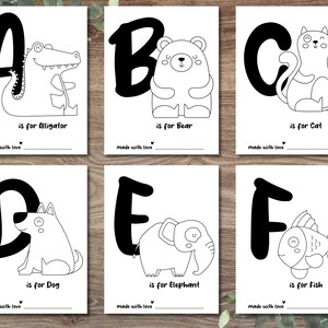 May include: Black and white printable alphabet flashcards featuring a different animal for each letter. The cards include the letter, the animal, and the phrase "is for" followed by the animal's name. The cards are made with love.