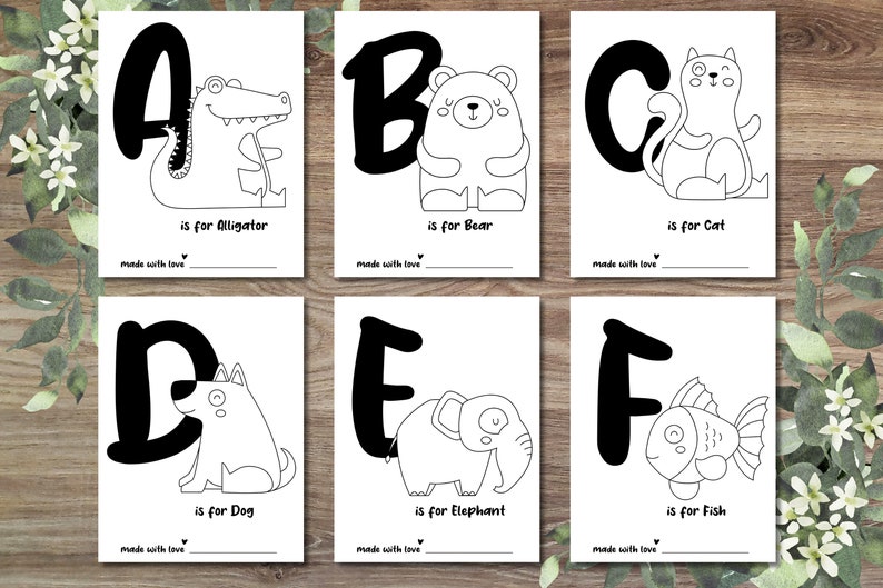 May include: Black and white printable alphabet flashcards featuring a different animal for each letter. The cards include the letter, the animal, and the phrase "is for" followed by the animal's name. The cards are made with love.