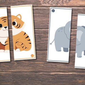 Op de afbeelding: Twee sets bedrukbare kaarten voor een kinderspel. De ene set heeft een tijger, de andere een olifant. Elk dier is in twee delen gesplitst.