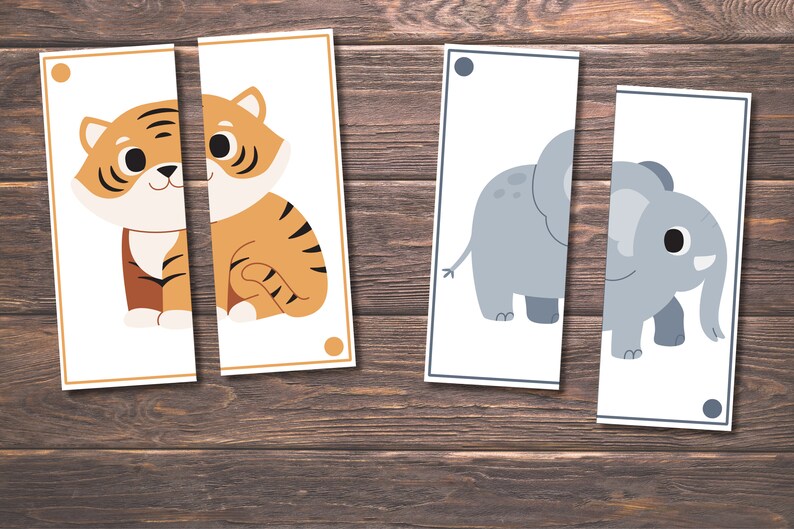 Op de afbeelding: Twee sets bedrukbare kaarten voor een kinderspel. De ene set heeft een tijger, de andere een olifant. Elk dier is in twee delen gesplitst.