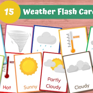15 cartes météo | Flashcards Montessori | Cartes préscolaires | éducatives imprimables arc-en-ciel | Apprendre la météo | Téléchargement instantané