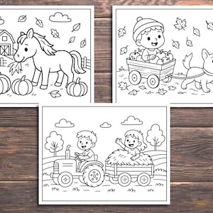May include: Three black and white illustrations depicting autumn scenes. One shows a horse eating near pumpkins and a barn. Another features a child in a wagon pulled by a dog. The last shows children on a tractor and hay wagon.