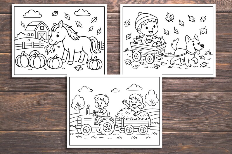 May include: Three black and white illustrations depicting autumn scenes. One shows a horse eating near pumpkins and a barn. Another features a child in a wagon pulled by a dog. The last shows children on a tractor and hay wagon.