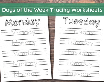 Dagen van de week Tracing-werkbladen / Tracing afdrukbaar voor Pre-K & Kleuterschool / ABC Tracing / Homeschool Handschriftoefening