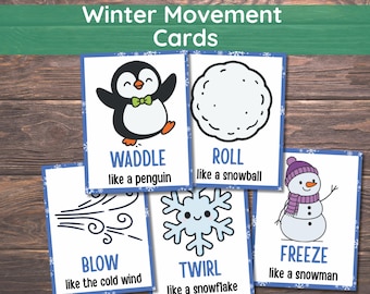 Tarjetas de movimiento invernal, Juego de invierno, 28 tarjetas didácticas de invierno, Actividad educativa, Habilidades motoras gruesas, Tarjetas de acciones invernales, Actividad invernal