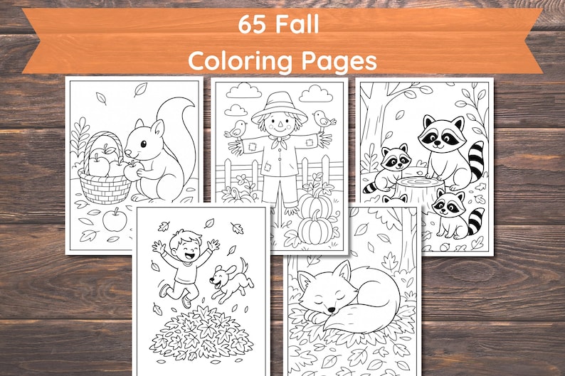 May include: A collection of 65 Fall Coloring Pages. The pages feature various autumn-themed illustrations, including a squirrel with apples, a scarecrow, raccoons, a child playing in leaves, and a sleeping fox. The text "65 Fall Coloring Pages" is at the top.