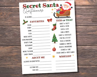 Secret Santa Questionnaire Printable, Secret Santa Survey, Gift Exchange Form, Christmas Party Game, Favorite Things Questionnaire