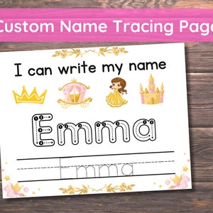 Custom Name Tracing Sheet Handwriting Practice Personalized Name Trace Simple Worksheet Printable First Names Page Kids Girls Princess Theme