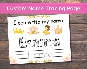 Custom Name Tracing Sheet Handwriting Practice Personalized Name Trace Simple Worksheet Printable First Names Page Kids Girls Princess Theme