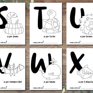 May include: Black and white printable alphabet flash cards featuring a snake, turtle, urchin, vampire bat, whale, and X-ray fish. Each card has a letter and the phrase "is for" followed by the name of the animal.