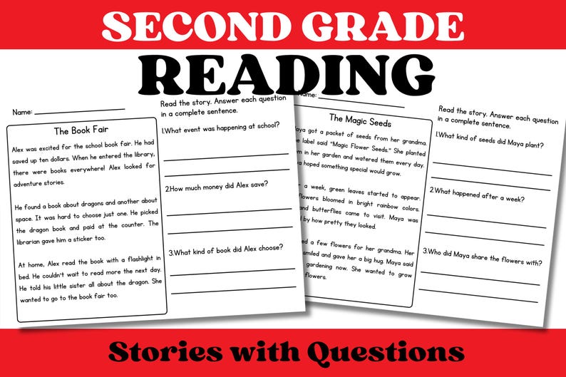 May include: Educational worksheet for second grade reading comprehension. The worksheet features two short stories, "The Book Fair" and "The Magic Seeds", each followed by questions to answer. The title "SECOND GRADE READING" is displayed in large, bold letters.