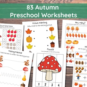 Op de afbeelding: Een verzameling van 83 herfst-werkbladen voor kleuters met educatieve activiteiten zoals tellen, plaatjes matchen, overtrekken en optelsommen. De pagina's bevatten kleurrijke illustraties van paddenstoelen, bladeren, pompoenen, uilen en eekhoorns.